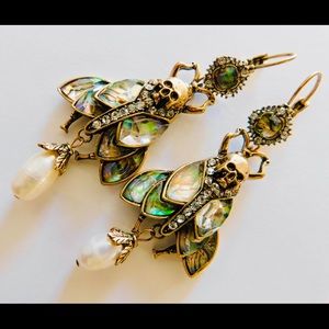 Abalone Pearl Skull Gold Crystal Statement Moth Earrings Vintage